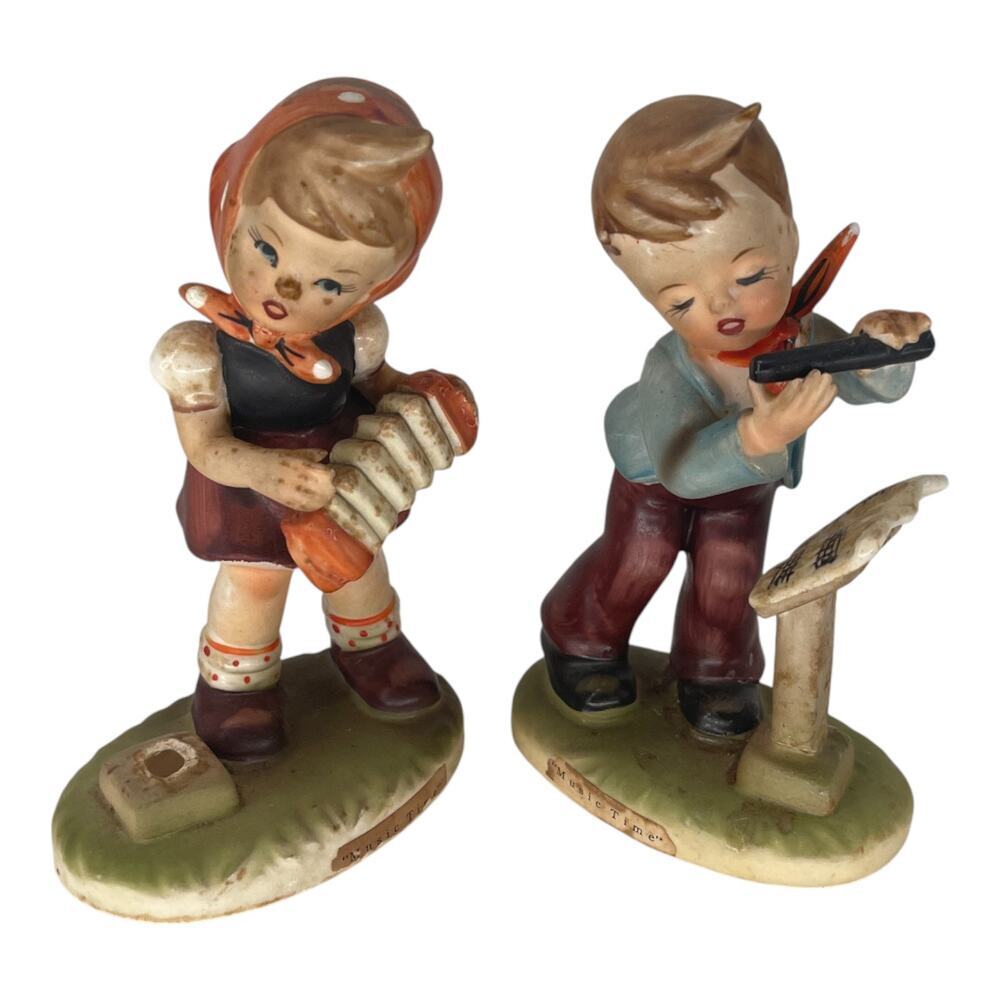 Vintage Hummel Style “Music Time” Figurines Set Boy & Girl Erich Stauffer 1950s